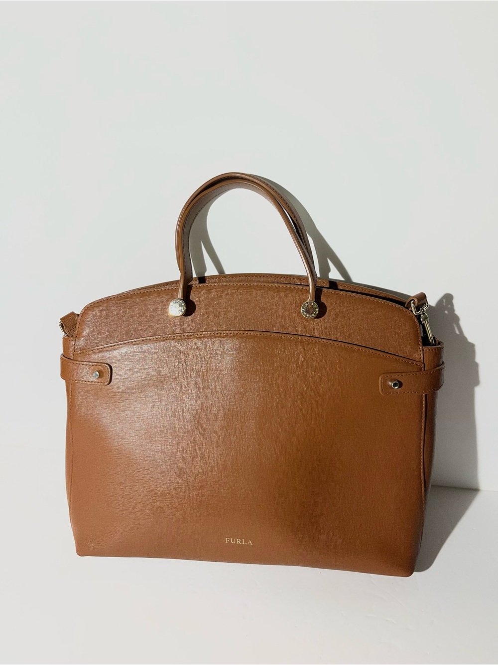 😍 Furla Cognac Leather Satchel with Top Handles and Removable Crossbody Strap